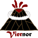 Viernor's logo which is an erupting volcano with clouds swirling around it.