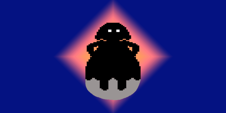 The silhouette of one of many fantasy criminals, this one is all in black with only 2 visible white eyes. It appears that this criminal is wearing a cape. Behind it is a purple-pink background with the latter shaped like a diamond, situated right behind the person.