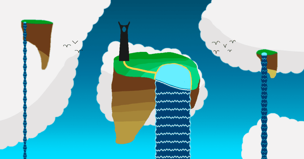 A landscape with floating islands in the sky with waterfalls and a tower on the middle island. Fantasy towers are a staple of the genre.